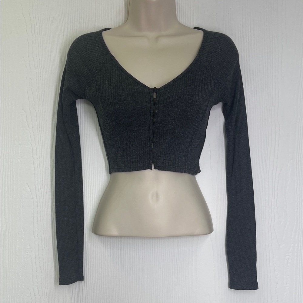 Free People - We The Free Gray Ribbed Long Sleeve Button Down Crop Top Size XS